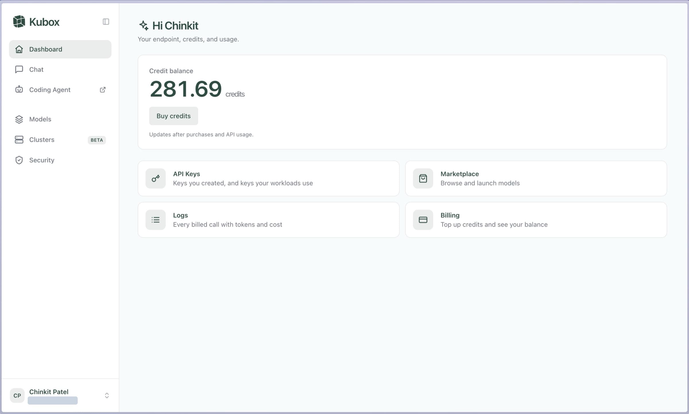 The Kubox dashboard showing a credit balance, and shortcuts to API keys, the model marketplace, per-call logs and billing
